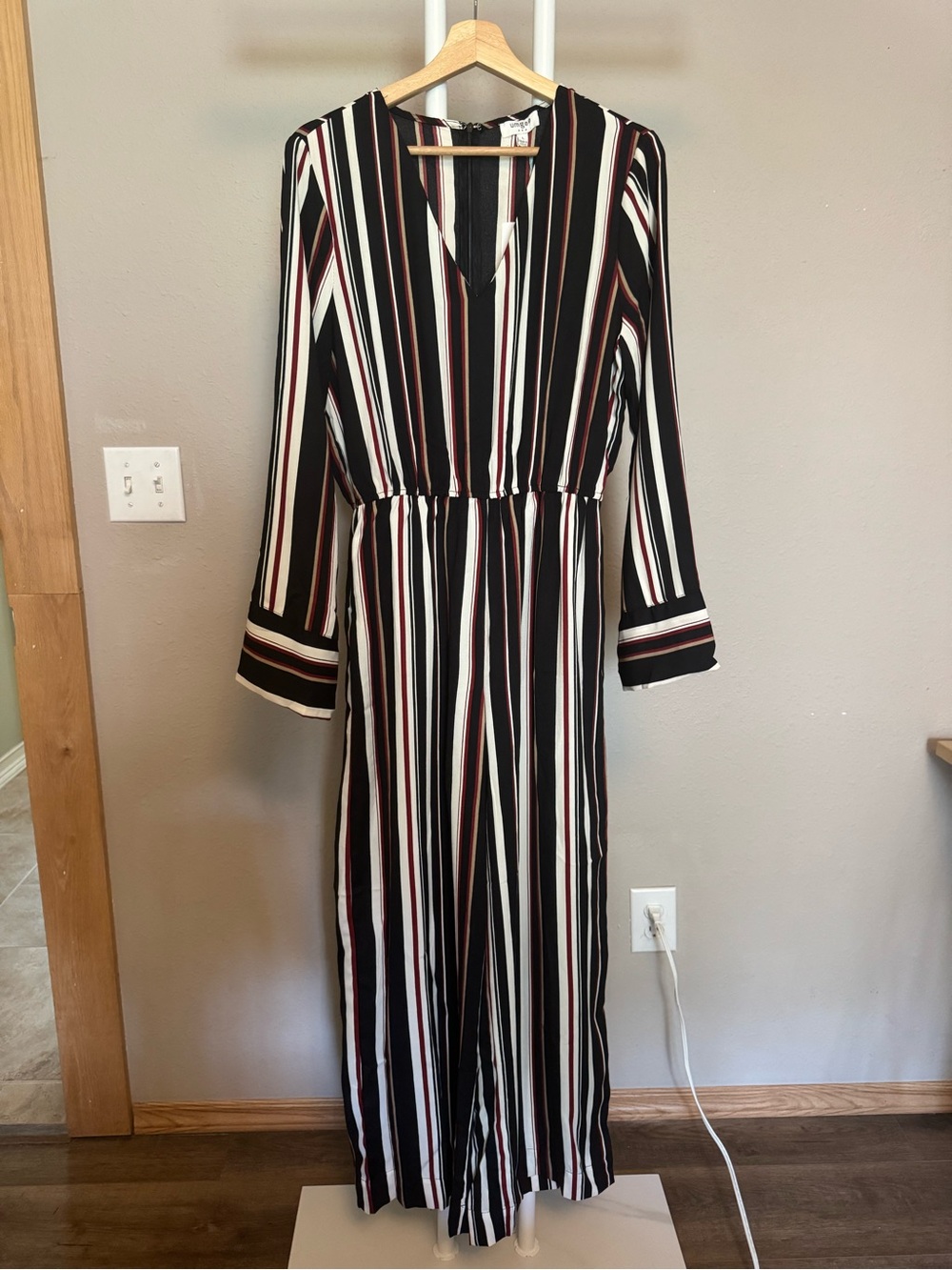 Striped V-Neck Long Sleeve Jumpsuit Dress - Black, White & Burgundy Stripes L
